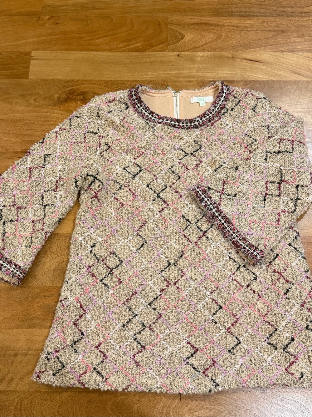 Jade Tweed Top w/ Flare Sleeves in Beige with Pink & Black Trim Accents Size XS